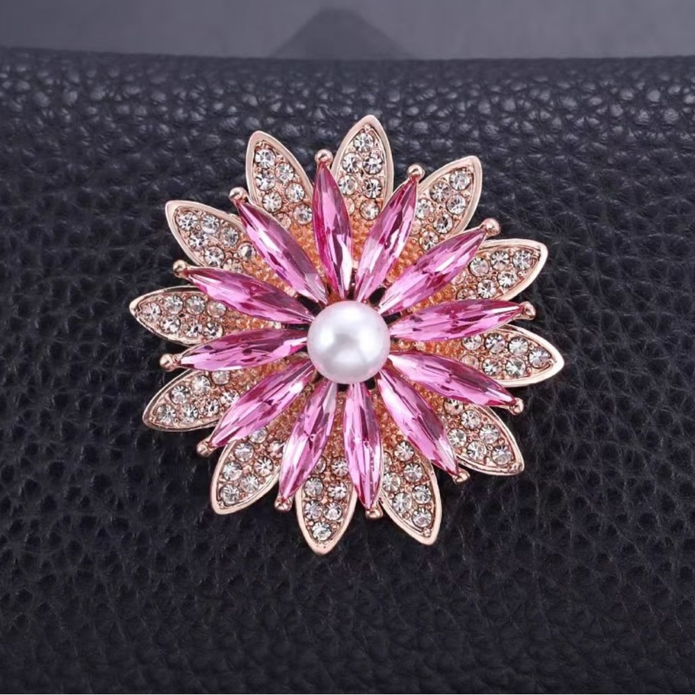 Pink and Gold Floral Brooch with Pearl Center